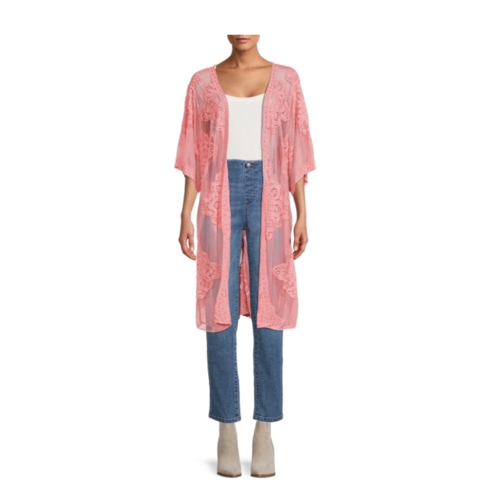 Light Pink Lace Trim Sheer Kimono Cardigan - Women